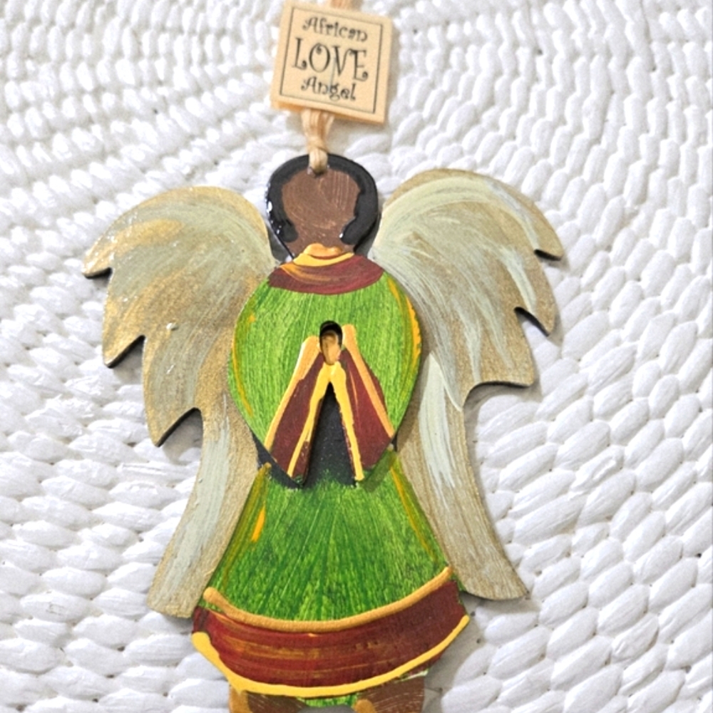 New! African Angel Handcrafted Wooden Ornament with Green and Gold Accents